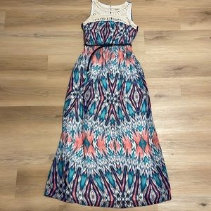 Boho Crochet High Neck Maxi Dress Small Multi Color